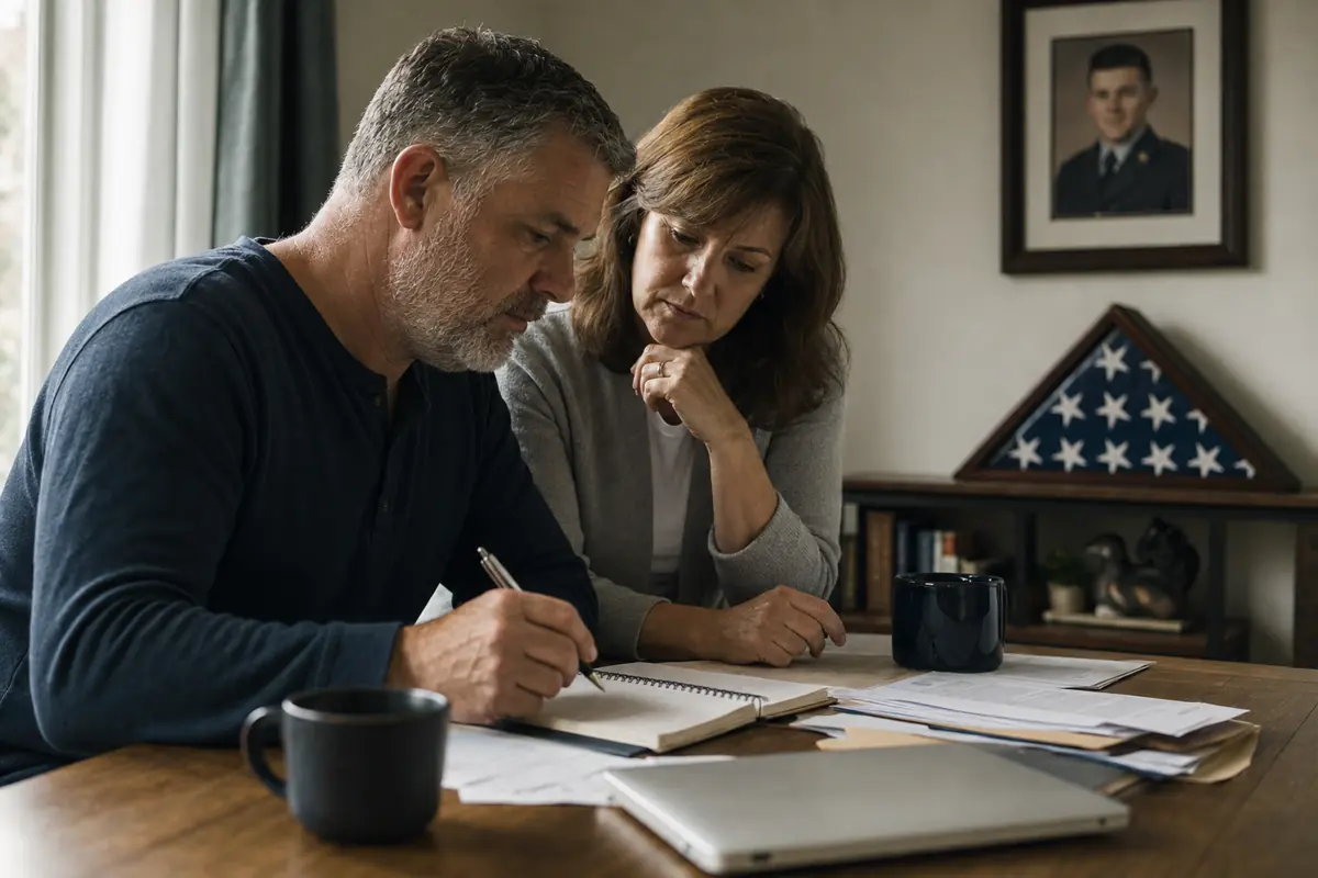 A Veteran and spouse organizing a plan at home beside a framed uniform portrait and folded flag display
