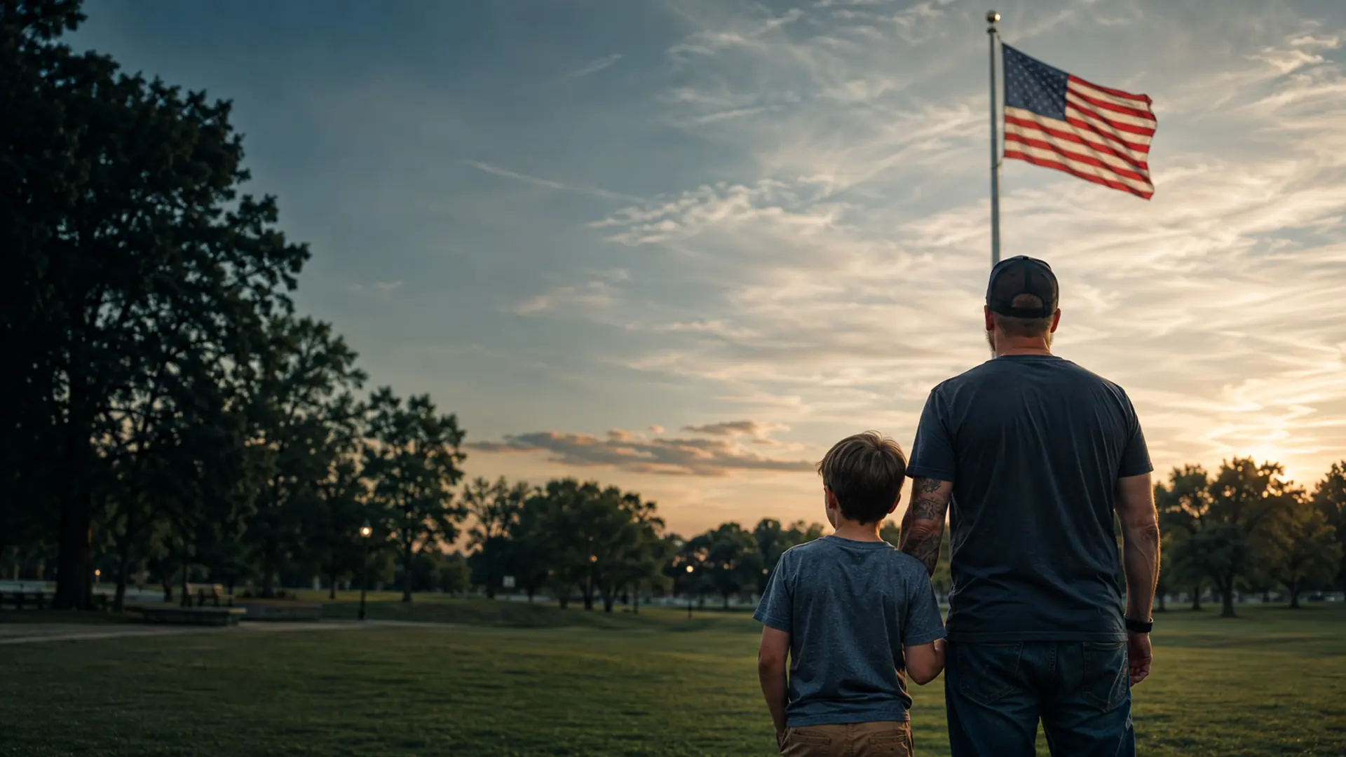 A Veteran and child standing together beneath an American flag at a park