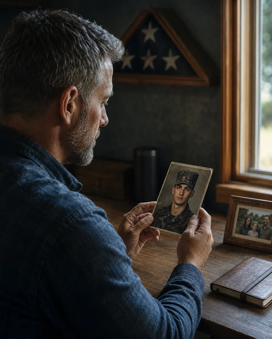 A Veteran holding a photograph from military service beside a folded flag display